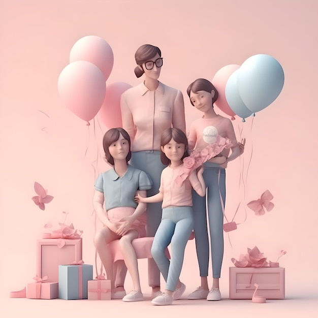 Familia feliz con globos y cajas de regalos en colores pastel renderización 3D