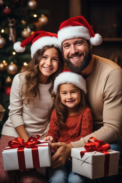 Familia feliz con gorros de Papá Noel con regalos y decoraciones