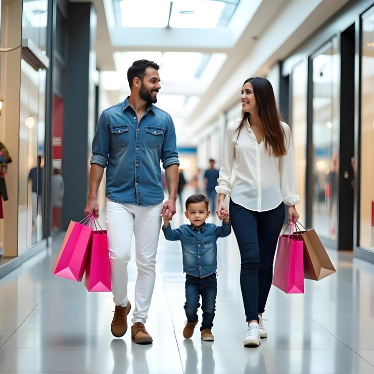 Una familia feliz haciendo compras en el centro comercial