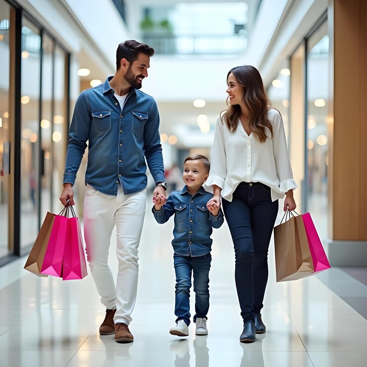 Una familia feliz haciendo compras en el centro comercial