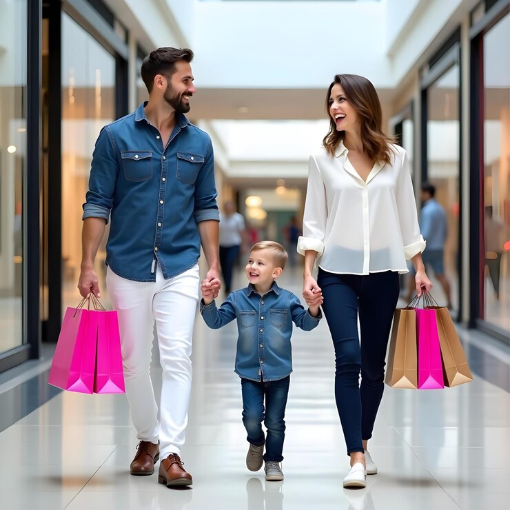 Una familia feliz haciendo compras en el centro comercial