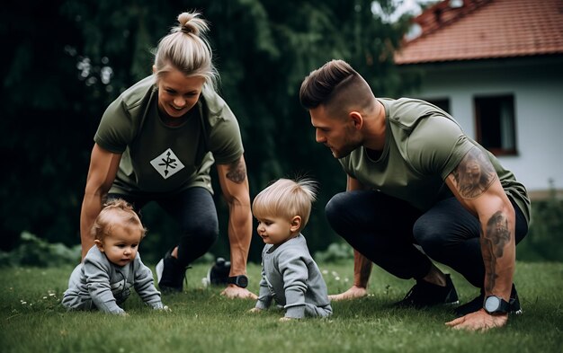 Familia feliz haciendo ejercicio físico por la mañana