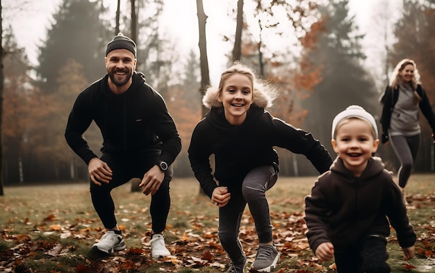 Familia feliz haciendo ejercicio físico por la mañana