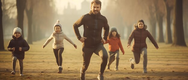 Familia feliz haciendo ejercicio físico por la mañana