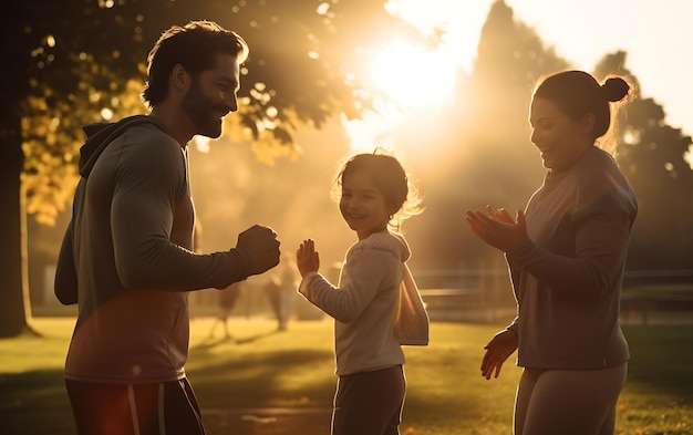 Familia feliz haciendo ejercicio físico por la mañana