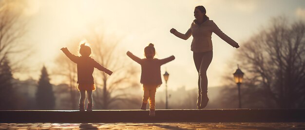 Familia feliz haciendo ejercicio físico por la mañana