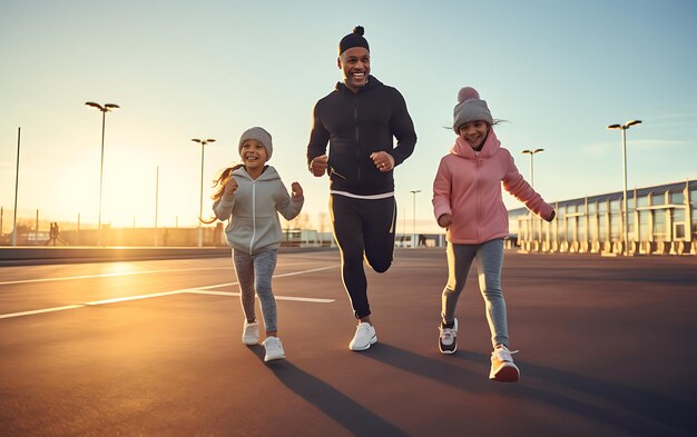 Familia feliz haciendo ejercicio físico por la mañana