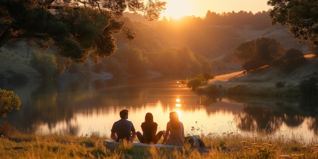 Familia feliz haciendo picnic en el lago con una hermosa vista
