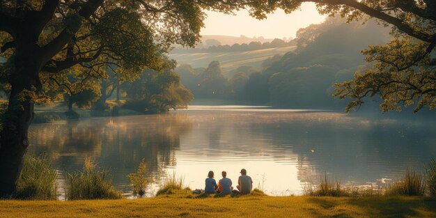 Familia feliz haciendo picnic en el lago con una hermosa vista