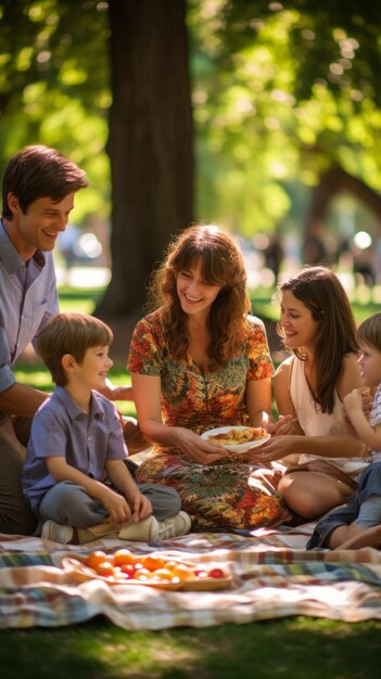 Foto una familia feliz haciendo un picnic en el parque.