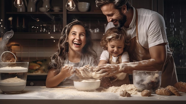 Una familia feliz horneando juntos en la cocina