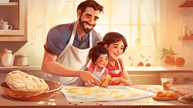 Una familia feliz horneando juntos en la cocina