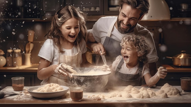 Una familia feliz horneando juntos en la cocina