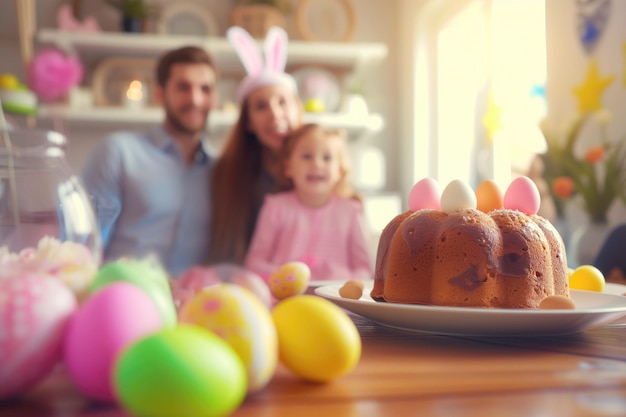 Familia feliz con huevos de Pascua y pastel en la cocina de casa