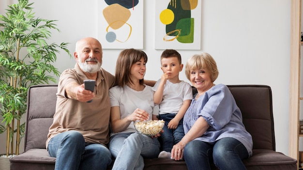 Familia feliz en interiores plano medio