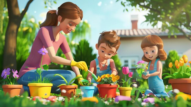 Foto una familia feliz está jardinando juntos en el patio trasero están plantando flores en ollas la madre está sonriendo y sosteniendo una pala