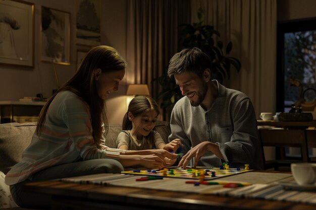 Foto família feliz jogando jogos de tabuleiro em casa