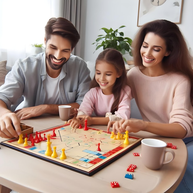 Foto família feliz jogando jogos de tabuleiro em casa