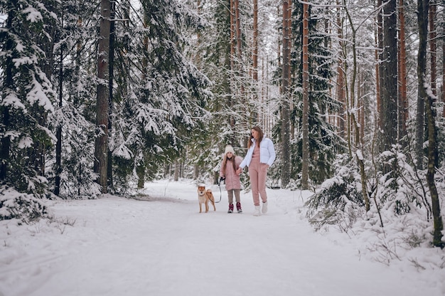 Família feliz jovem mãe e linda garotinha em rosa outwear quente andando se divertindo com cachorro vermelho shiba inu na floresta de inverno frio branco nevado ao ar livre. atividades esportivas em família nas férias.