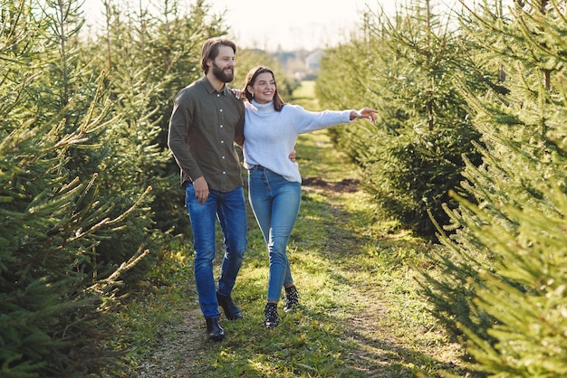 Familia feliz joven que elige el árbol de navidad en la plantación que prepara las vacaciones de invierno.