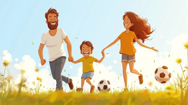 Familia feliz jugando al fútbol juntos concepto crianza de los hijos dibujos animados