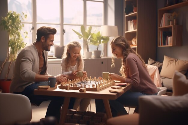 Foto familia feliz jugando juegos de mesa juntos en una ia generativa