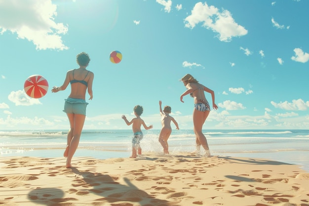 Familia feliz jugando juegos de playa como frisbee y