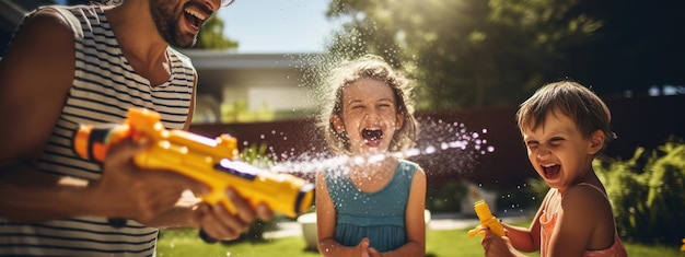 Familia feliz jugando con una pistola de agua en el patio delantero en una cálida tarde de verano