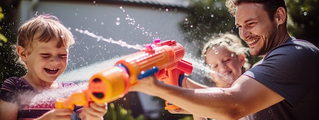 Foto familia feliz jugando con una pistola de agua en el patio delantero en una cálida tarde de verano