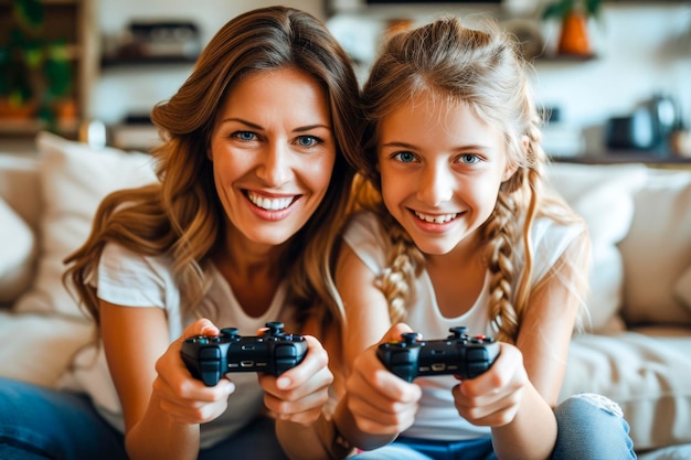 Familia feliz junta Madre y su hija jugando videojuegos Gente divirtiéndose en casa