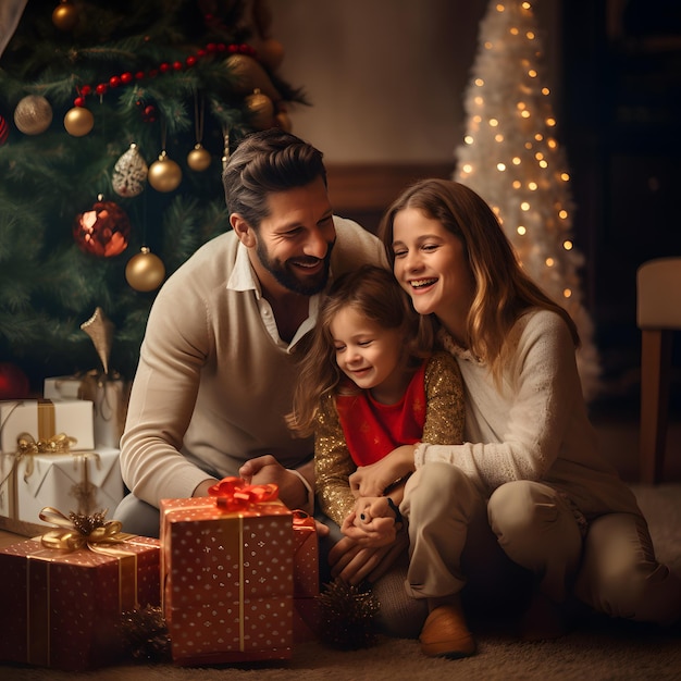 família feliz junto a uma árvore de natal despachando presentes de navidad