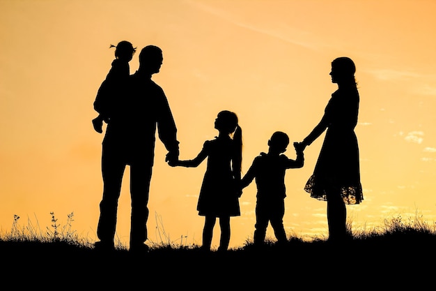 familia feliz junto al mar en el fondo de la silueta de la naturaleza