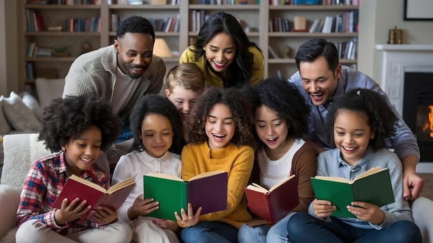 Família feliz lendo um livro