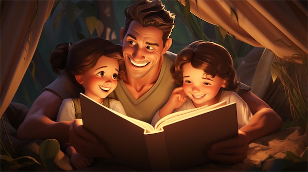 Foto familia feliz leyendo un libro en el bosque por la noche renderización 3d