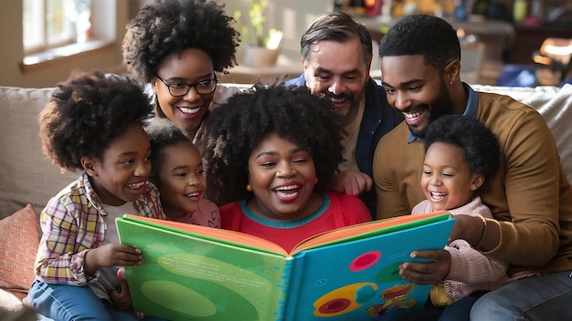 Familia feliz leyendo un libro