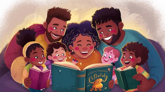 Familia feliz leyendo un libro