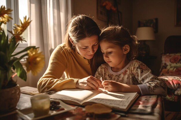 Familia feliz madre e hija leen un libro por la noche en casa IA generativa