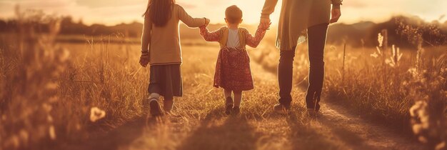 Foto familia feliz madre padre e hija caminan sobre la naturaleza al atardecer toman de la mano ai generativo