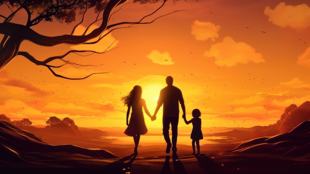 Familia feliz madre padre e hijo hija en la naturaleza al atardecer