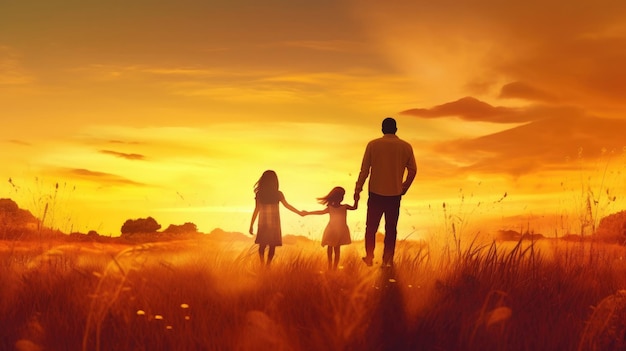 Familia feliz madre padre e hijo hija en la naturaleza al atardecer