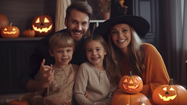 Familia feliz, madre, padre e hijos celebrando la fiesta de Halloween en casa generada por ai