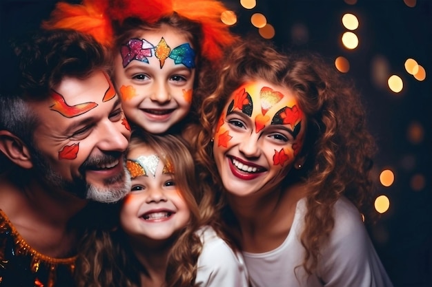 Familia feliz madre padre e hijos en disfraces y maquillaje en una celebración de Halloween