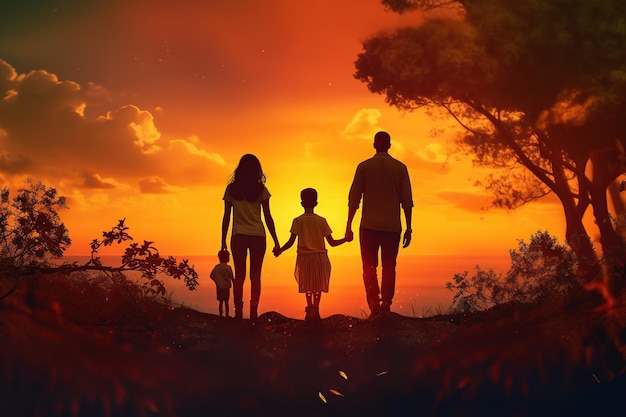 Familia feliz madre padre hijos hijo e hija en la naturaleza al atardecer