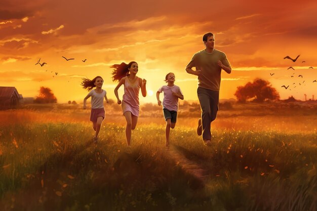 Familia feliz madre padre hijos hijo e hija en la naturaleza al atardecer