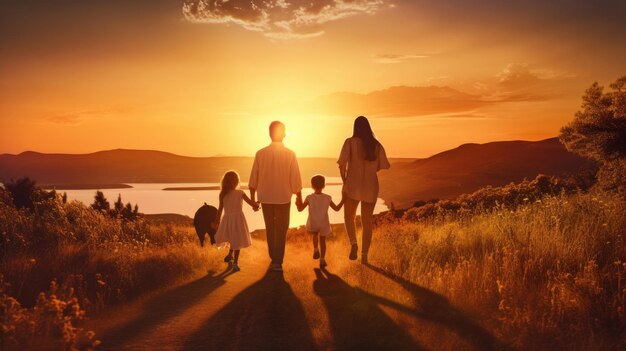 Familia feliz madre padre hijos hijo e hija en la naturaleza al atardecer