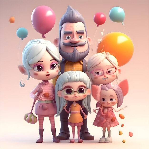 Família feliz, mãe e filhos com balões ilustração 3d