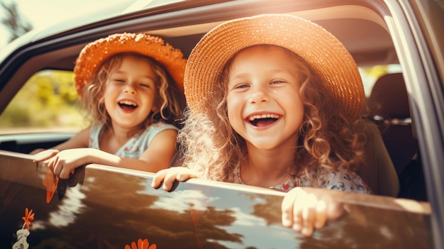 Família feliz mãe e filhos meninas vai para a viagem de verão em carro