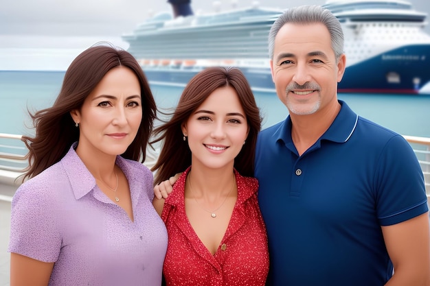 família feliz mãe pai e filha adulta na frente de um navio de cruzeiro pessoas ativas IA generativa