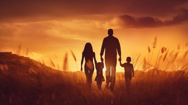 Família feliz mãe pai e filha na natureza no pôr do sol