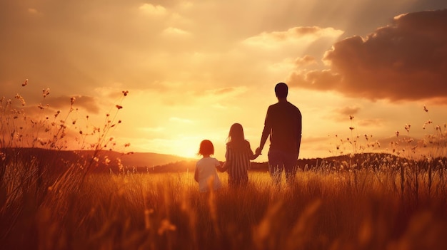 Família feliz mãe pai e filha na natureza no pôr do sol